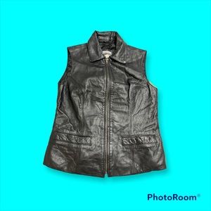 Vintage Women's Black Leather Vest Waistcoat Top Size S Full Zip Motorcycle.
